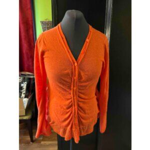 Anthropologie Orange Ruffled Button Down Sweater - L
